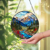 Mountain Landscape Glass Suncatcher: Alpine River Window Hanging, Cabin Decor